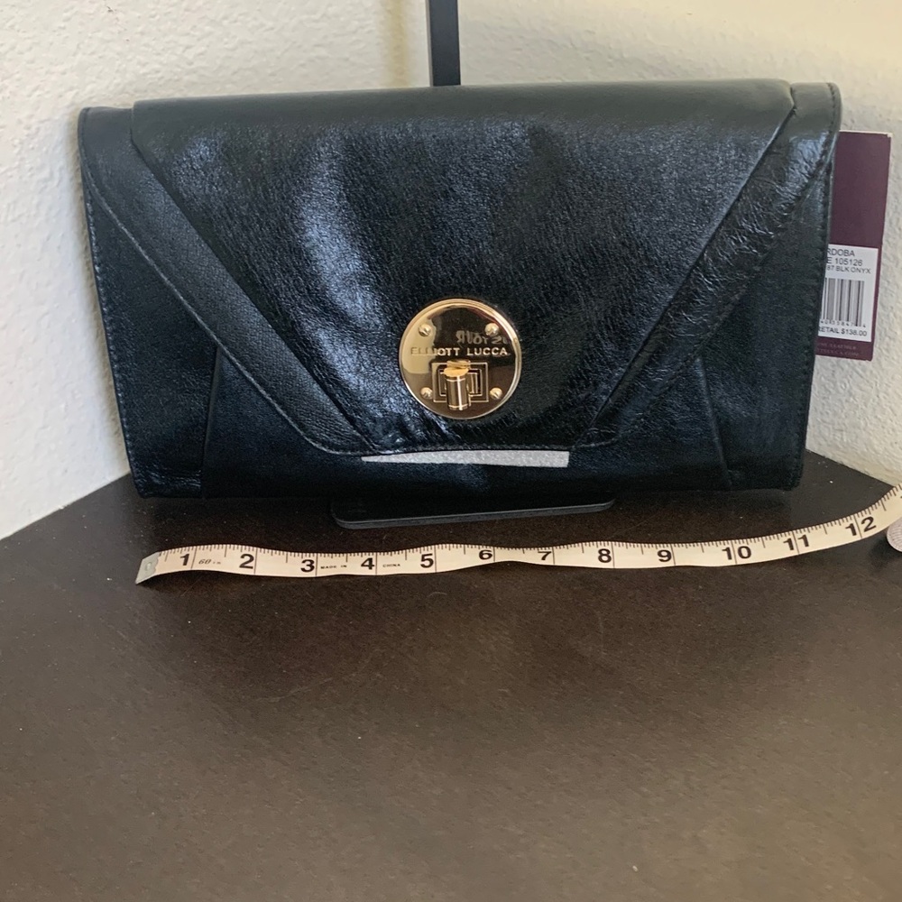 Elliott Lucca Vintage Black Leather Envelope Clutch with Gold Detachable Chain.